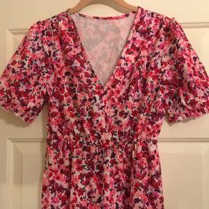 Pink & White Floral Maxi Dress, V Neck Flower Pattern Ruffle Hem Dress